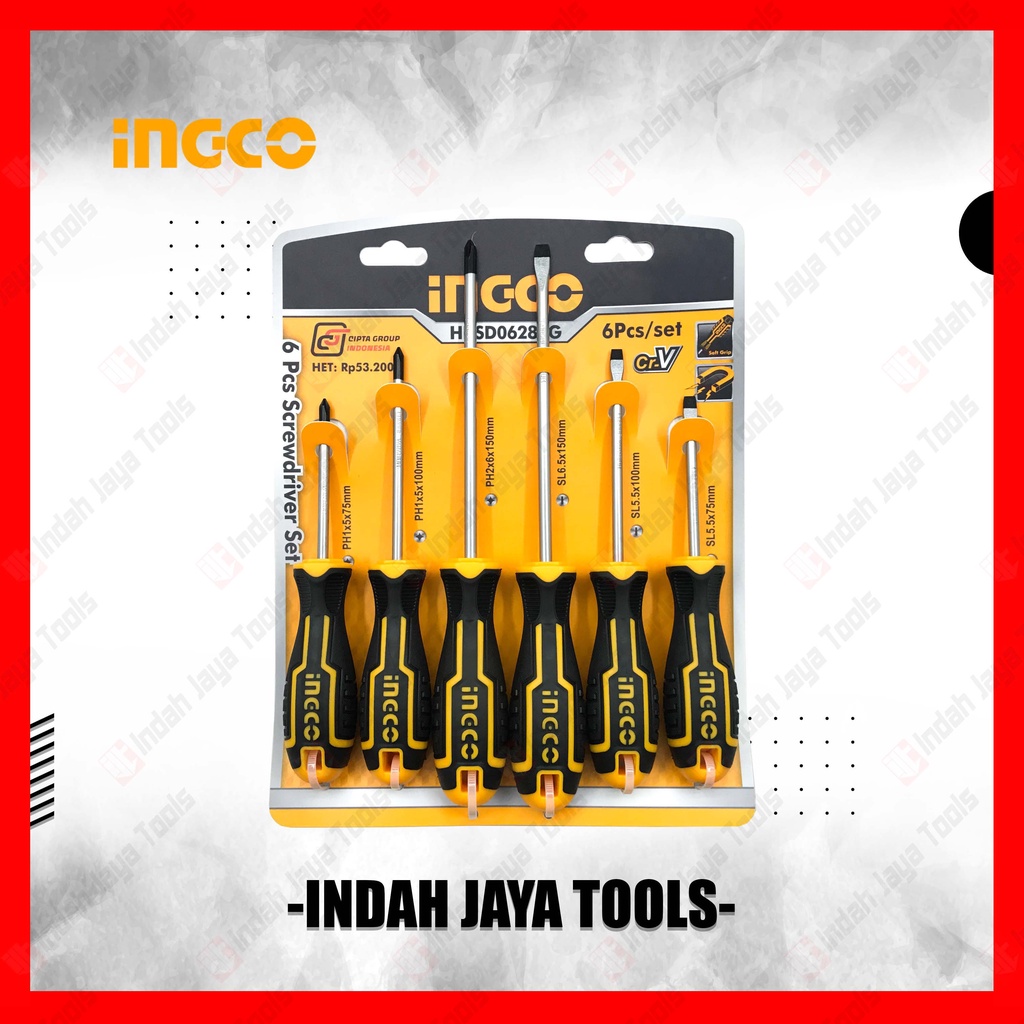 INGCO HKSD0628CG Obeng Set 6 Pcs Plus Minus Gagang Karet Screwdriver