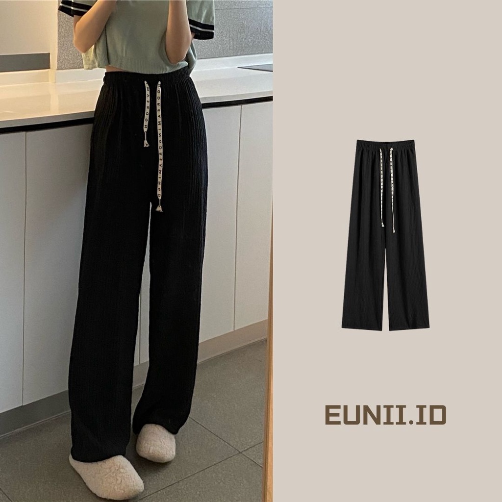 EUNII Celana Panjang Santai Wanita Basic Color Kasual High Waist Straight Pants Korean Style