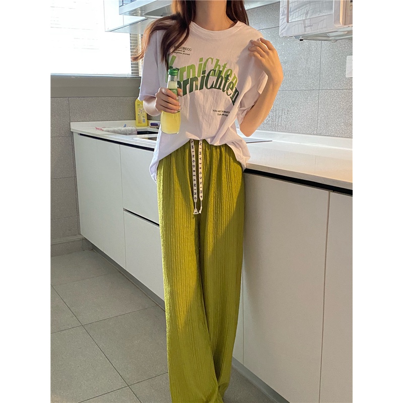 EUNII Celana Panjang Santai Wanita Basic Color Kasual High Waist Straight Pants Korean Style