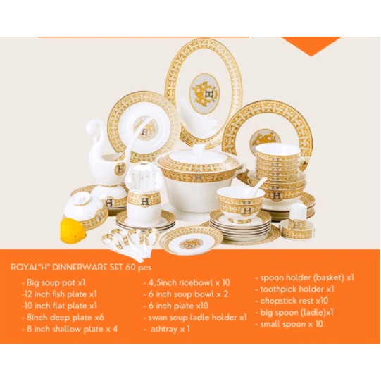 Terlaris H Plate Set Tableware 28/60 Pcs / Set Piring Mewah Gold Hermes Impor