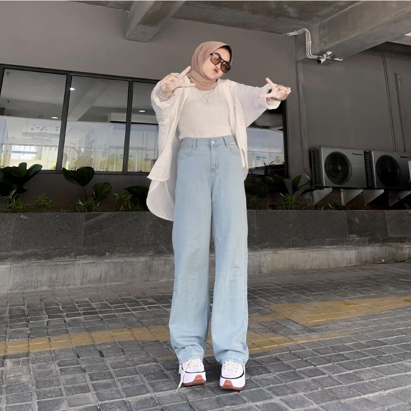 Highwaist Kulot Jeans Loose Pants Wanita Keren Bahan Jeans Tebal Size 27 - 34