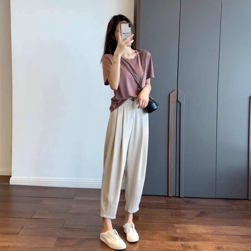 Suit cropped pants wanita baru musim semi dan musim gugur longgar celana kasual berpinggang tinggi