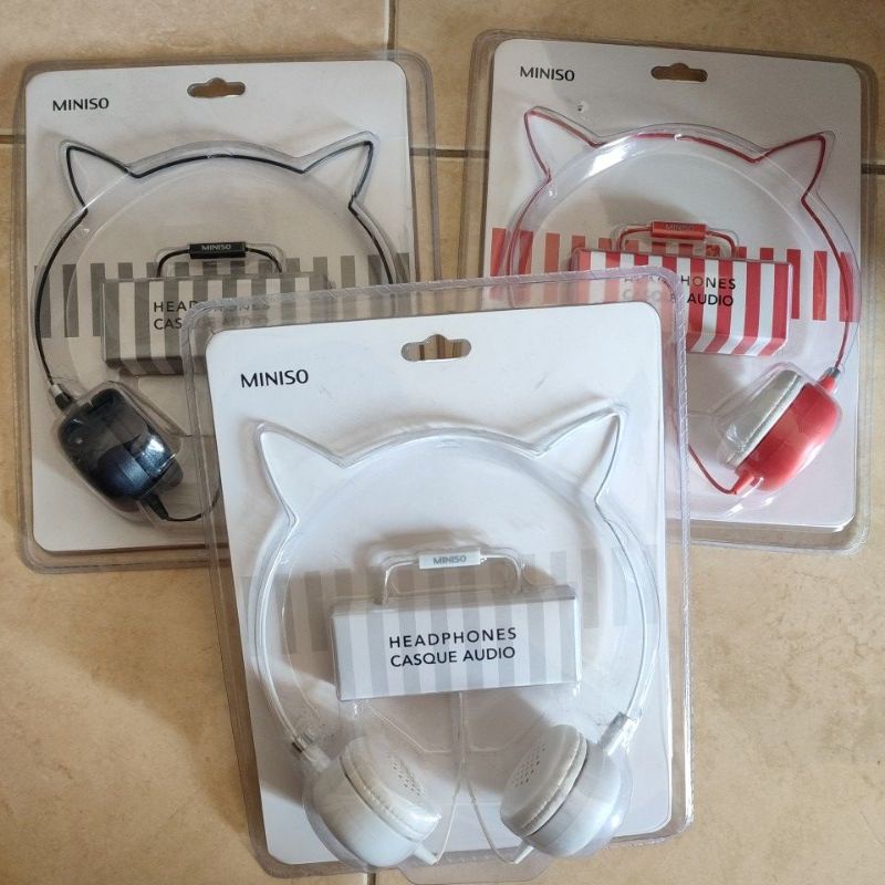 MINISO HEADPHONE CASQUE TELINGA KUCING UNIK LUCU 3 WARNA 3.5mm PLUG HITAM MERAH PUTIH