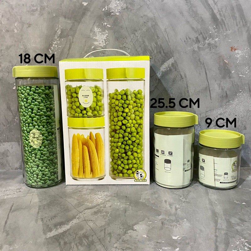 BLUEPINK Toples Kaca 1Set isi 3pcs. Warna Hijau Evergreen - Toples Kaca Tebal Untuk Kue Lebaran Idul