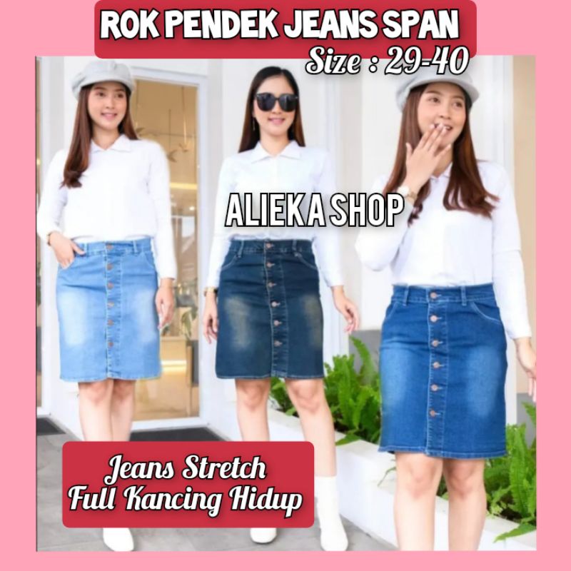 ROK PENDEK JEANS SPAN WANITA FULL KANCING . SIZE 29-40 JUMBO