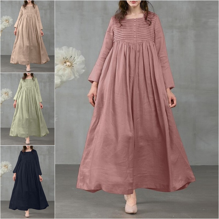 Ready Stock ✅ Dress Muslim Gamis Wanita Dewasa Polos Geraldine Maxi Flowy Linen Semi Rempel Maxi Dre