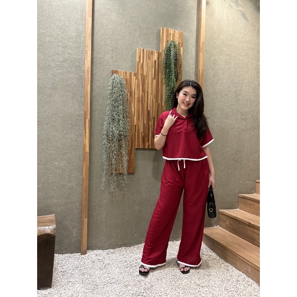 JOSHIN Lisa Set Knit List - Setelan Crop Celana Kulot