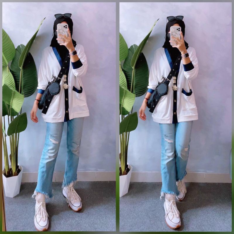 Blazer Uniqlo outer wanita kardigan wanita jumbo bahan kaos terry halus ld 120-130