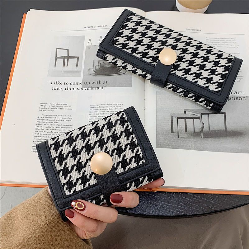 Sera baru kanvas houndstooth dompet kecil wanita paragraf pendek warna kontras lipat klip koin multi-kartu gesper tas genggam panjang