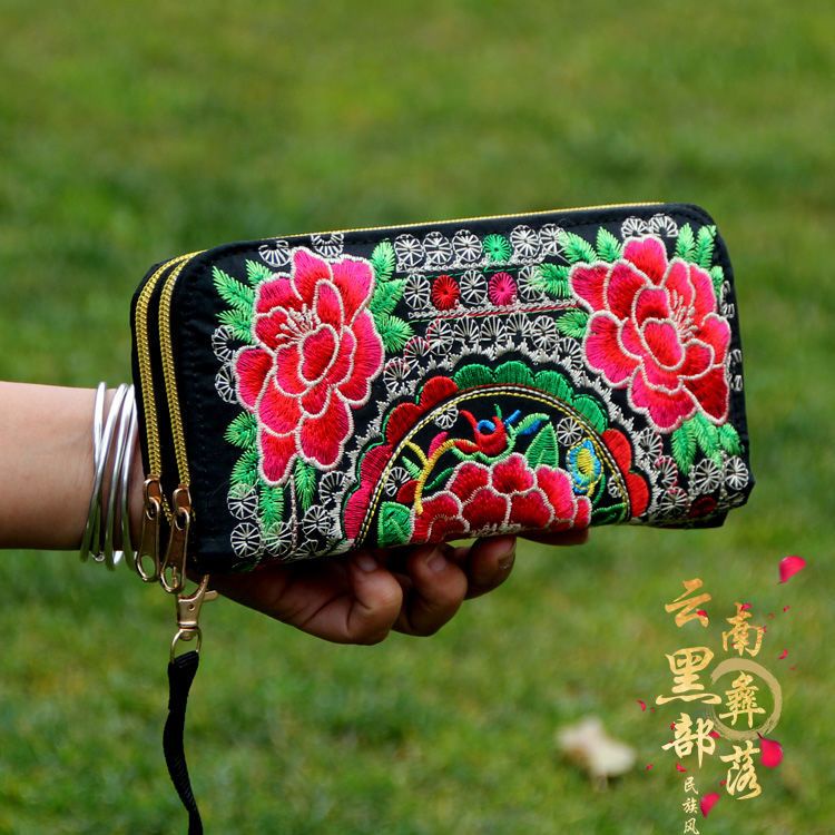 Sera Yunnan Gaya Etnik Kapasitas Besar Tas Wanita Retro Ritsleting Ganda Bordir Bunga Dompet Dompet Wanita Tangan Panjang tas