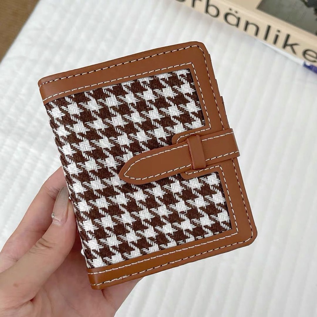 Sera Houndstooth Retro Kulit Kartun Lipat Tiga Gaya Barat Dompet Cetak Tangan Multi-Kartu Nyaman Bernilai Tinggi