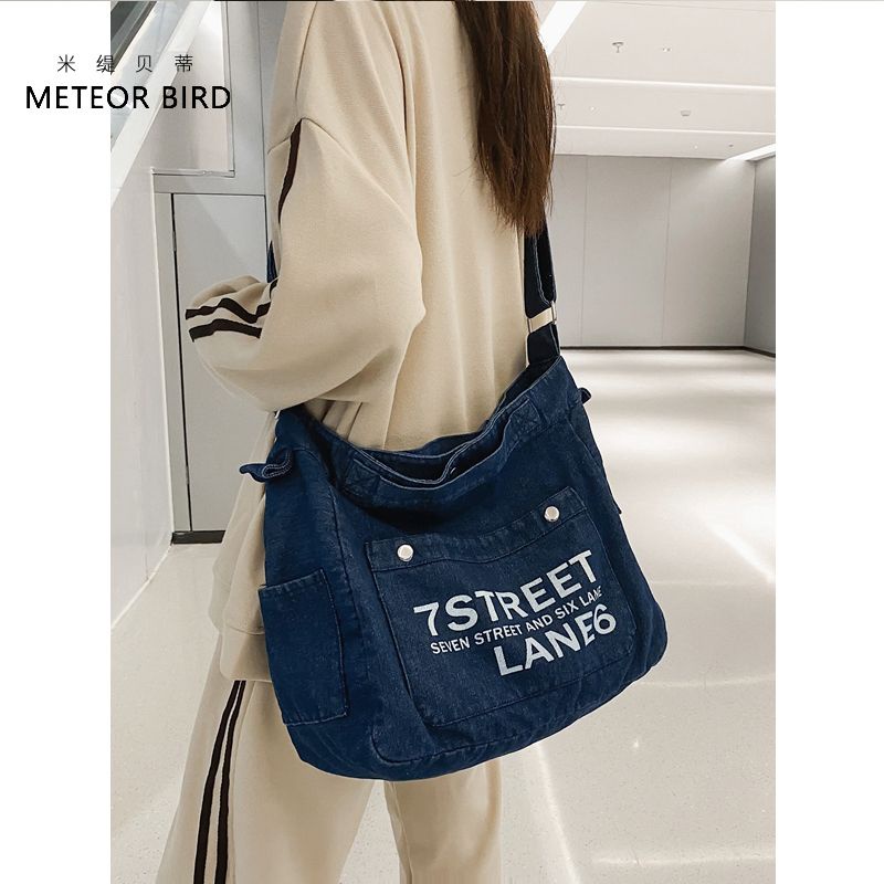 Sera Miti Betty college angin tote ekstra besar tas wanita single bahu Messenger retro denim tas fashion letter printing all-match