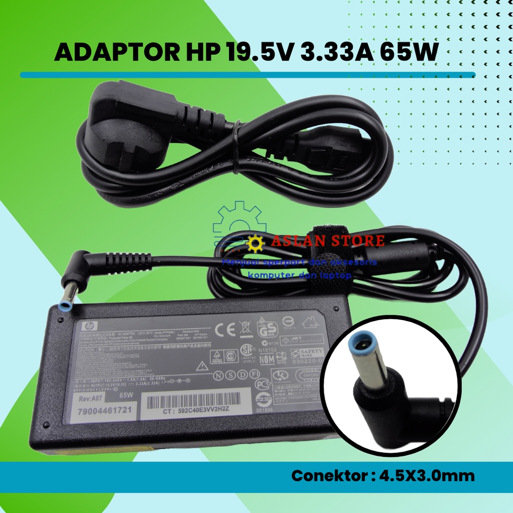 Adaptor Charger HP 19.5V 3.33 A 65W 4.5x3.0mm Pengisi Daya Laptop AC Adaptor Daya Portabel HP Envy 17 6 14 Pavilion 15 PPP009C 15-J009WM