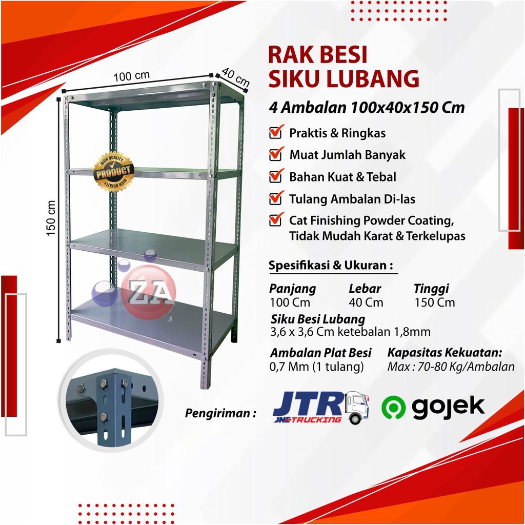 Rak Besi Siku Rak Buku Rak Serbaguna 4 Ambalan 100X40X150Cm