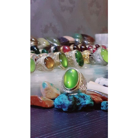 natural [IDOCRASE NEON GREEN APPLE ACEH KRISTAL TINGGI HQ] emban cincin pria wanita ring alpaka sepu