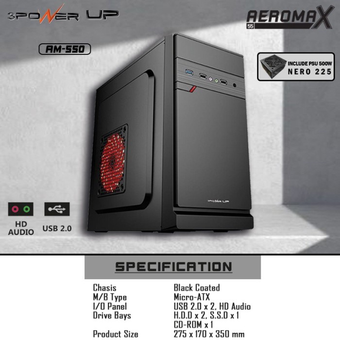 Casing PC 3 Power Up AEROMAX AM-550 with PSU 500W m-ATX Case