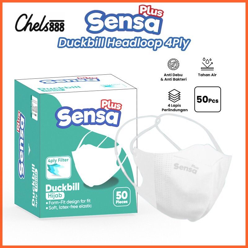 hijab Masker Duckbill 4ply Hijab Headloop Sensa Plus isi 50pcs