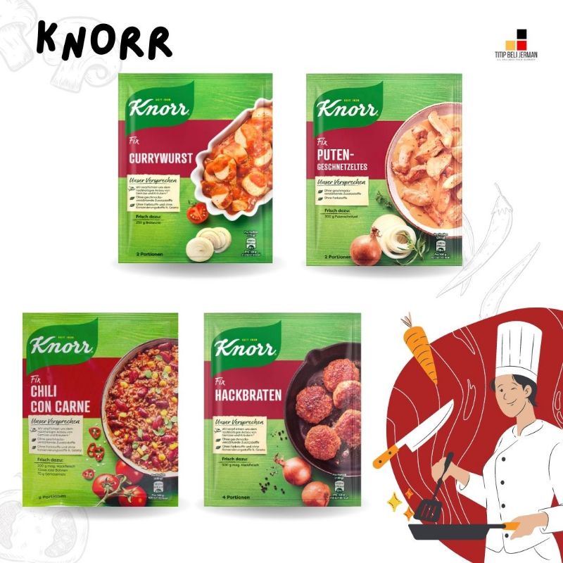 

Knorr Jerman | Currywurst, Hackbraten, Puten-Geschnetzeltes, Chili Con Carne, Buchstaben Suppe