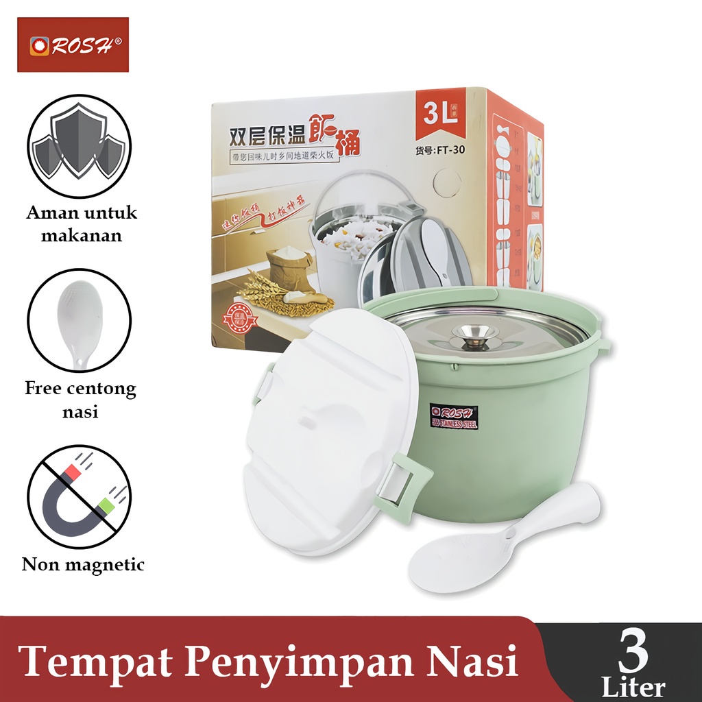 Rosh Tempat Penyimpanan Nasi / Thermos Nasi 3 Liter Rice Bucket  Stainless Non Magnetic Ros-Rb3