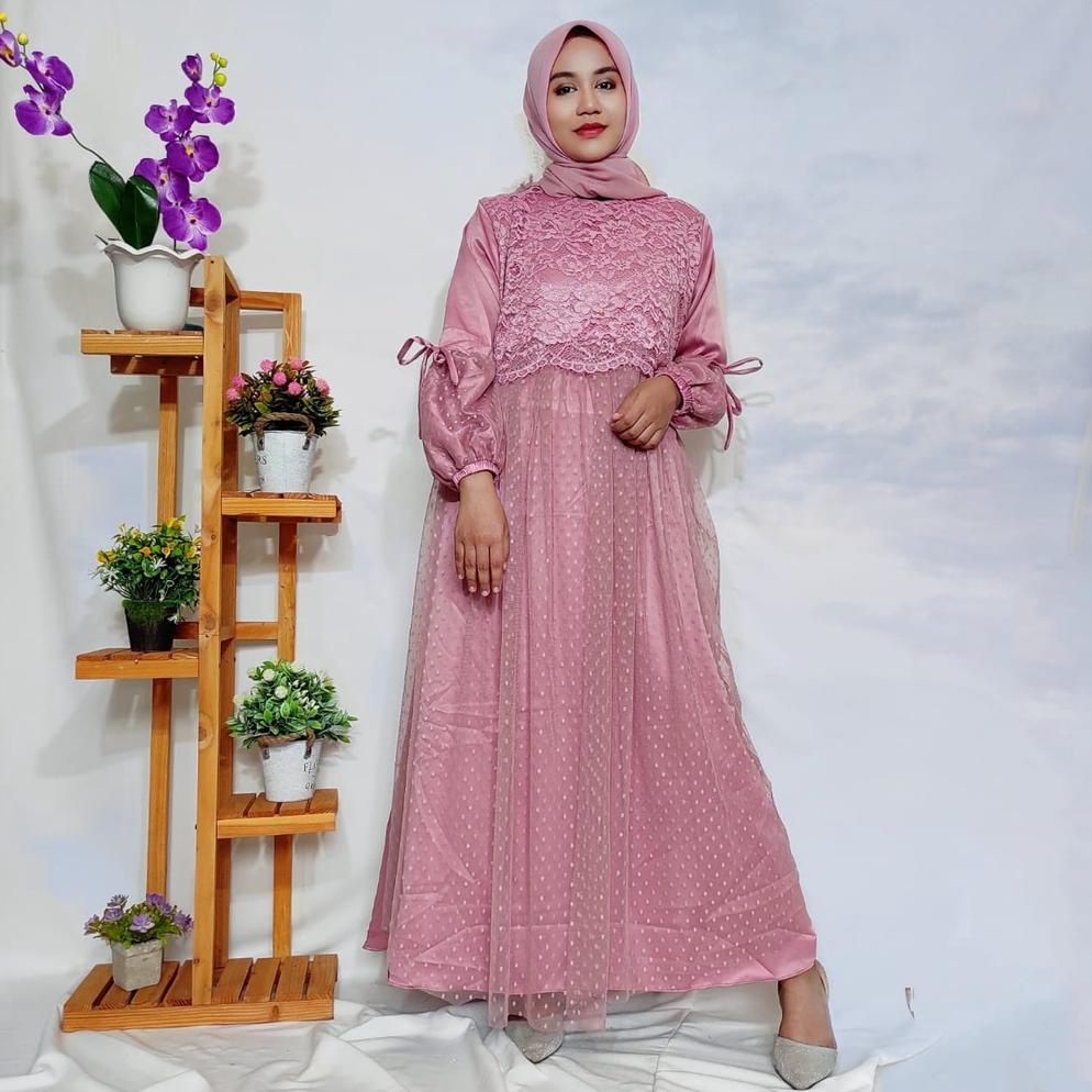Dress Kondangan Mewah Bahan Satin Mix Tile DOT SAFEEA Dress Gamis Kondangan Baju Pesta Wanita Remaja