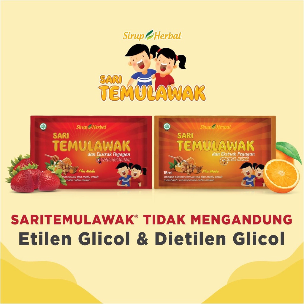 SARI TEMULAWAK Sirup Herbal Rasa Strawberry 12 Sachet Isi 15 ML Obat Suplemen Memperbaiki Nafsu Makan dan Kesehatan Anak BPOM HALAL-1