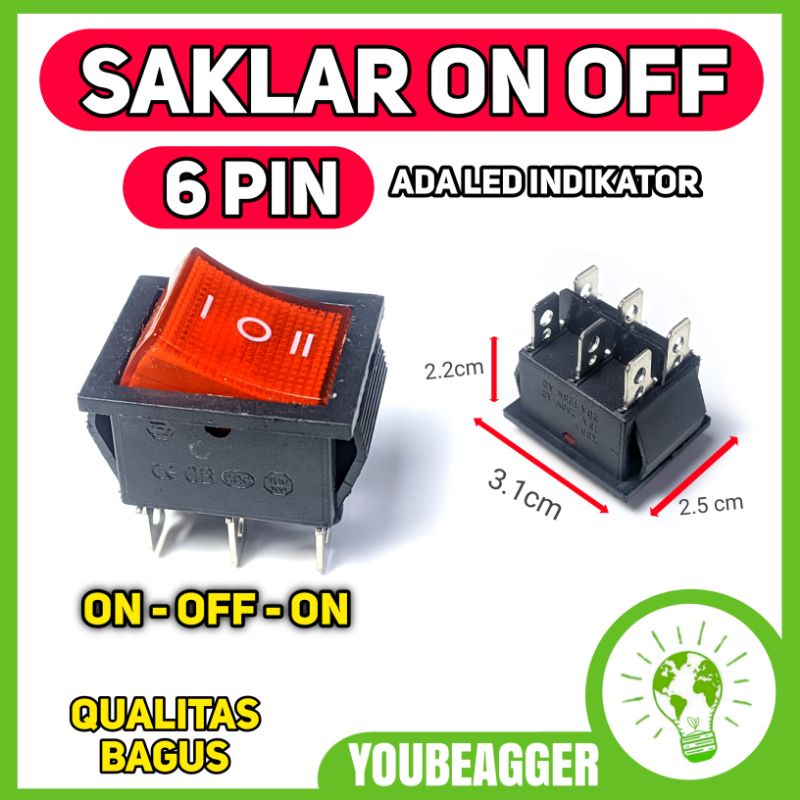 Switch on off 6 PIN LED indikator ON OFF ON 16A 125v 20A 250V