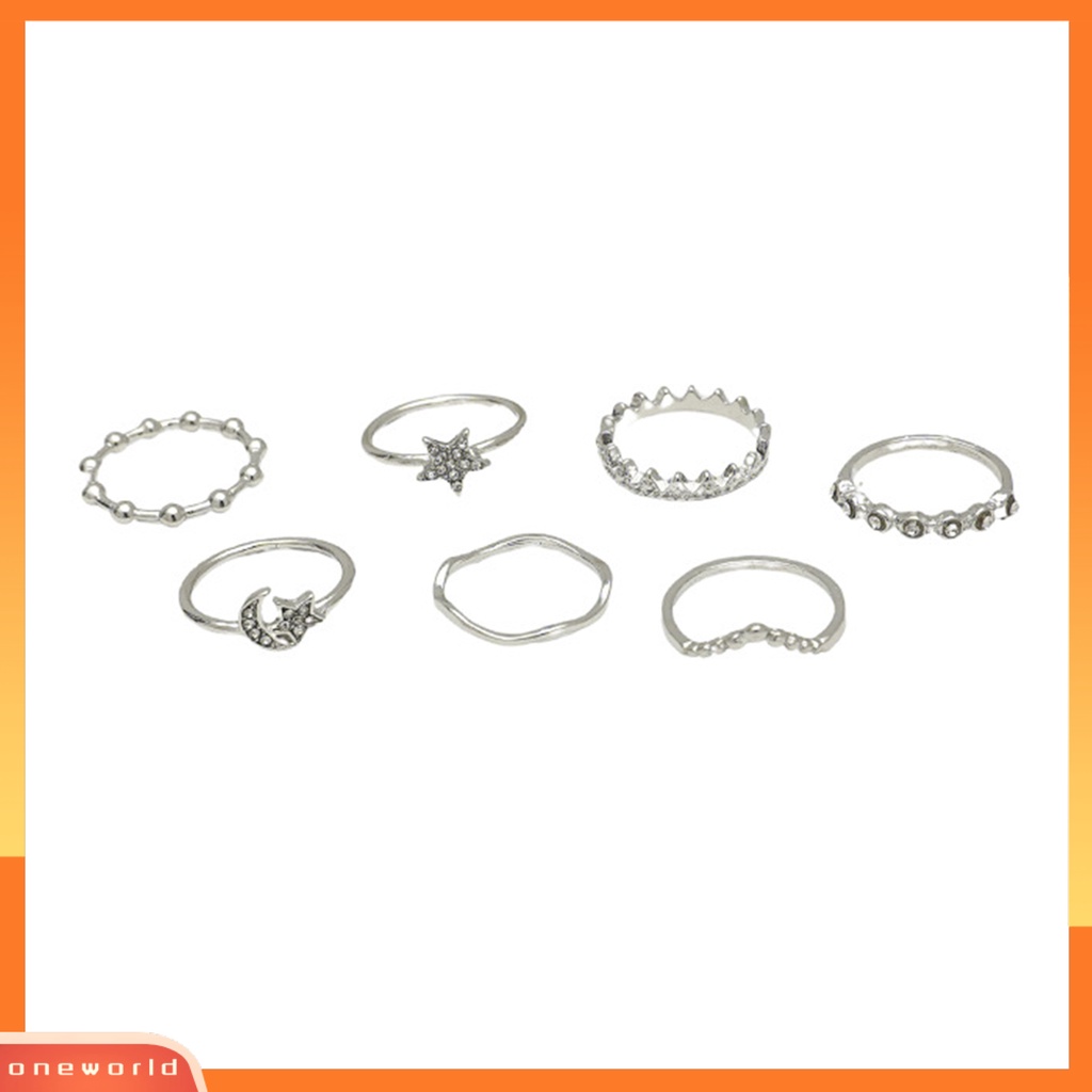 7 Pcs Cincin Geometris Bulan Bintang Aksen Berlian Imitasi Berkilau Untuk Wanita