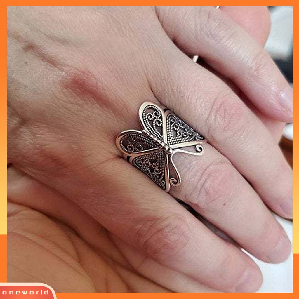 {oneworld} Cincin Wanita Butterfly Adjustable Perhiasan Ukiran Fashion Penampilan Cincin Jari Untuk Pacaran