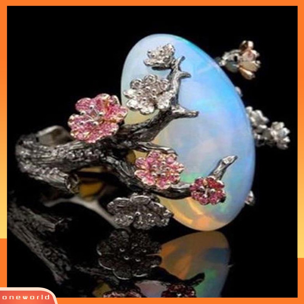 {oneworld} Vintage Wanita Imitasi Opal Plum Blossom Bunga Two Tone Jari Cincin Perhiasan Hadiah