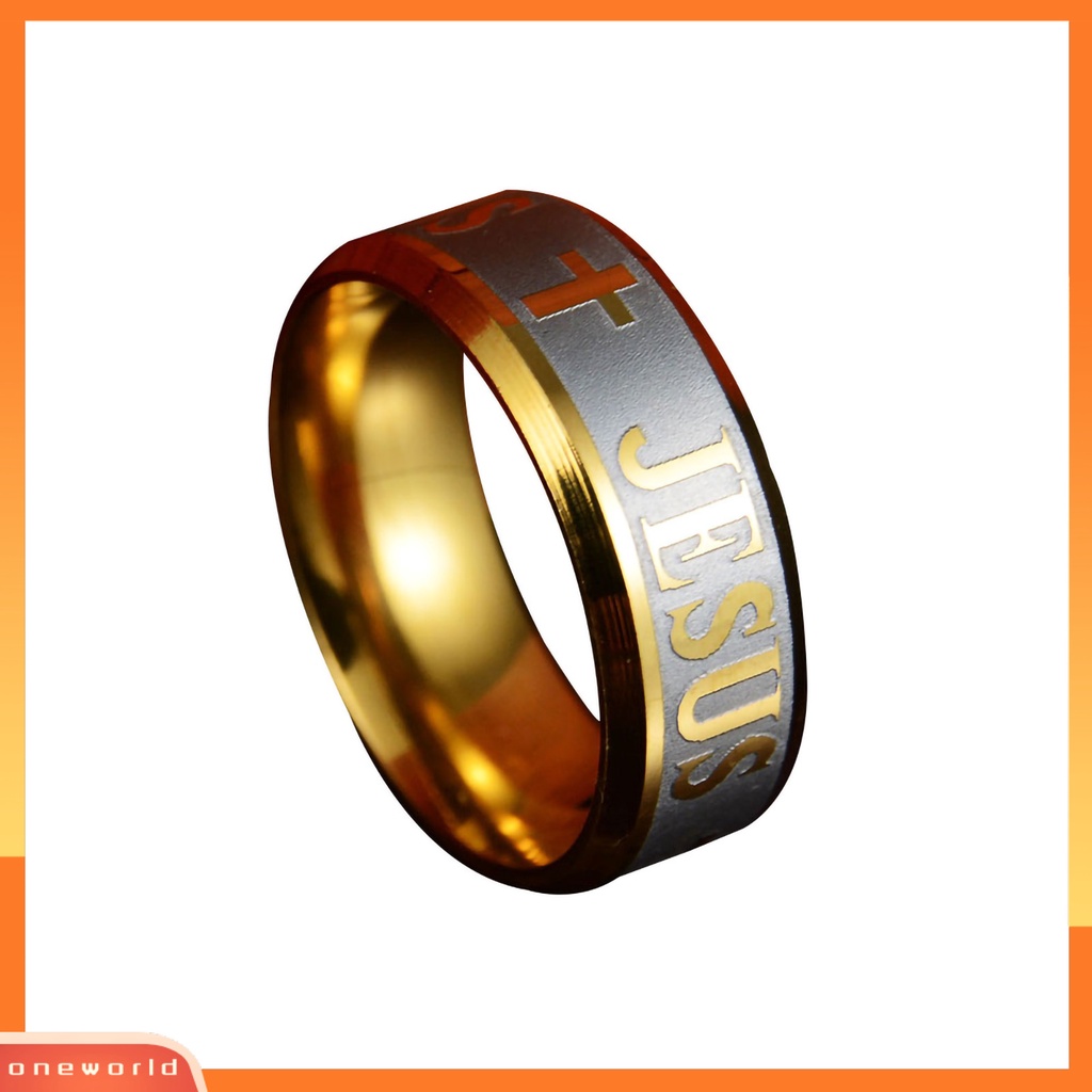 {oneworld} Cincin Unisex Huruf Salib Yesus Ukiran Perhiasan Cincin Kristen Pria Wanita Anti Karat Untuk Pesta