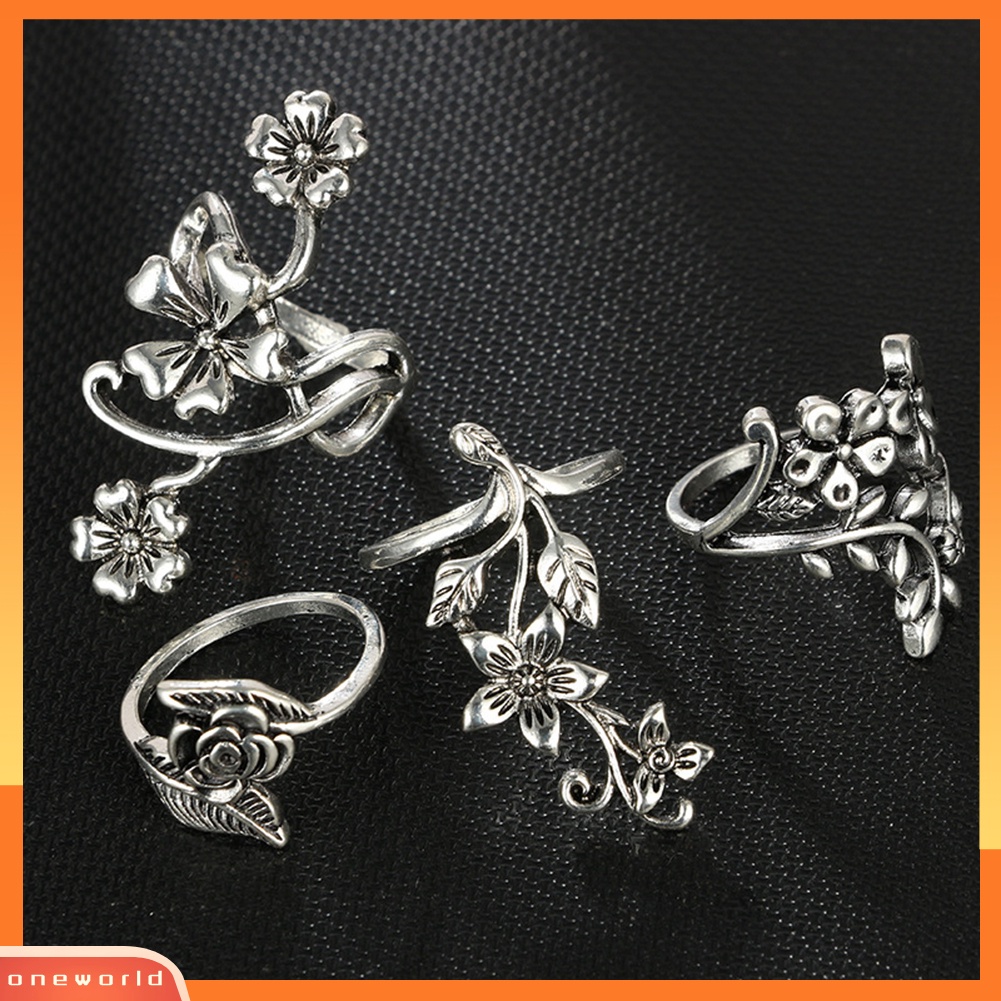 {oneworld} Vintage Flowers s Daun Jari Cincin Set Wanita Pesona Perhiasan Dekorasi