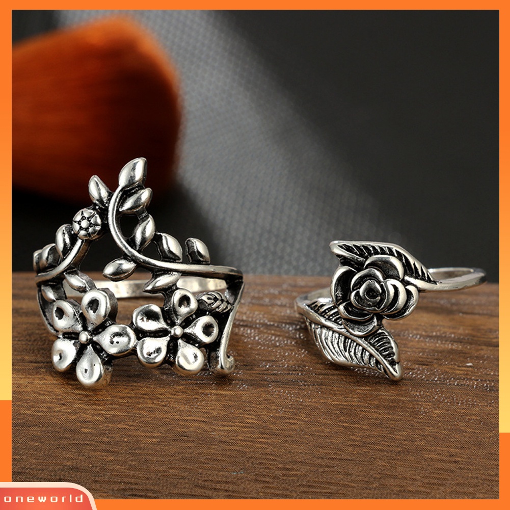 {oneworld} Vintage Flowers s Daun Jari Cincin Set Wanita Pesona Perhiasan Dekorasi