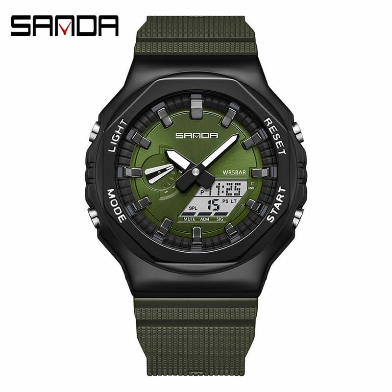 New Limited Jam Tangan Sanda 2100 Terlaris Dualtime Waterproof Display Men Watch Kasual