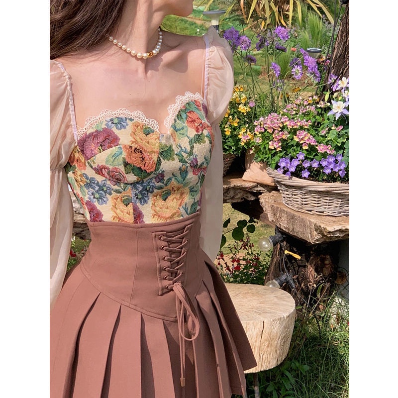 Red Acaine Van Gogh Impression/Oil Painting Top Design Sense Female Niche High Waist Slim Pleated Skirt Summer Suit