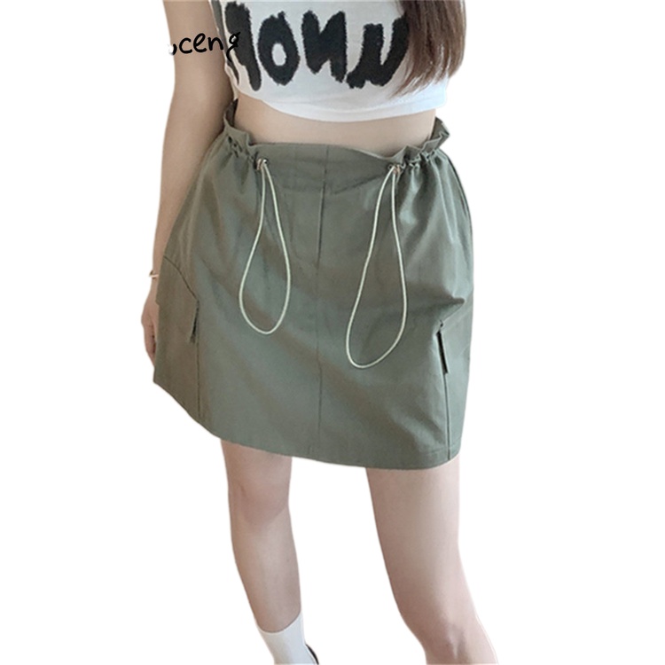●Yitimuceng Kargo Rok untuk Wanita Berpinggang Tinggi Fashion Pinggang Elastis Serut Chic Rok Mini S