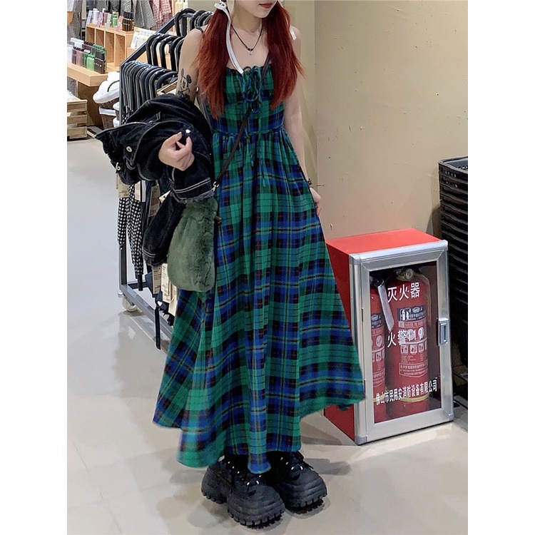 Red Gaun selempang kotak-kotak hijau wanita musim panas Perancis high-end liburan rok panjang rasa desain rok A-line ceruk
