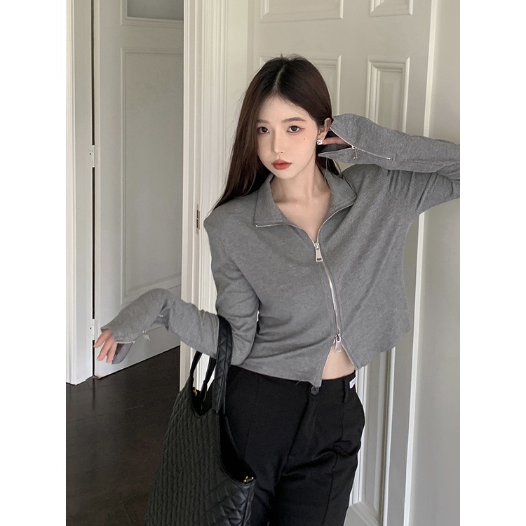 Red Hitam Ritsleting Ganda Rajutan Cardigan Jaket Wanita Musim Panas Pendek Lengan Panjang Kemeja Gadis Seksi Depan Bahu Ketat top