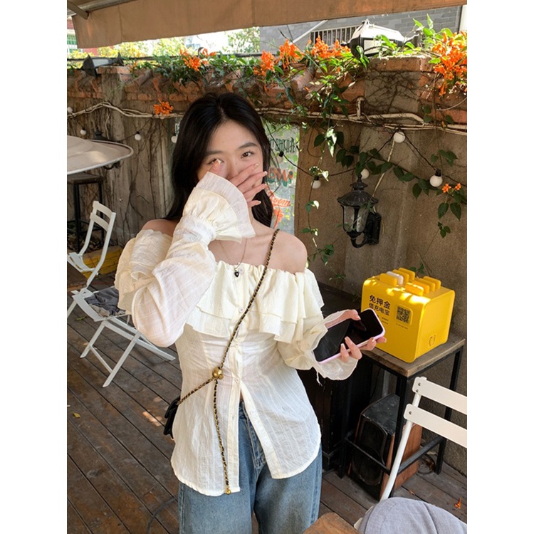 Red Ruffled one-shoulder chiffon shirt wanita musim panas Perancis temperamen pinggang kemeja pendek desain lengan panjang top