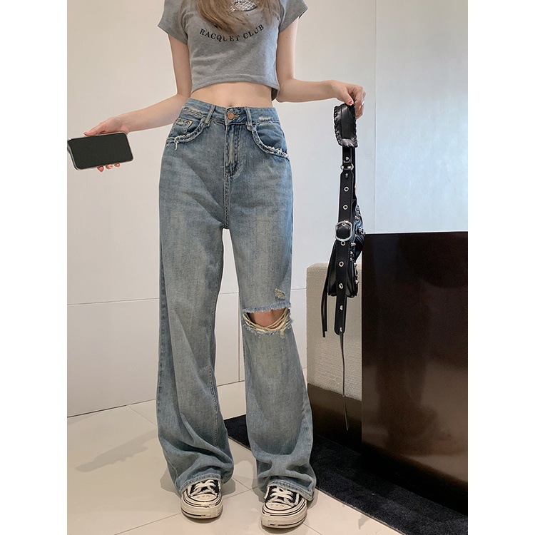 Red Celana jeans robek longgar wanita musim panas baru retro lurus slim celana lebar kaki celana panjang high street pasang