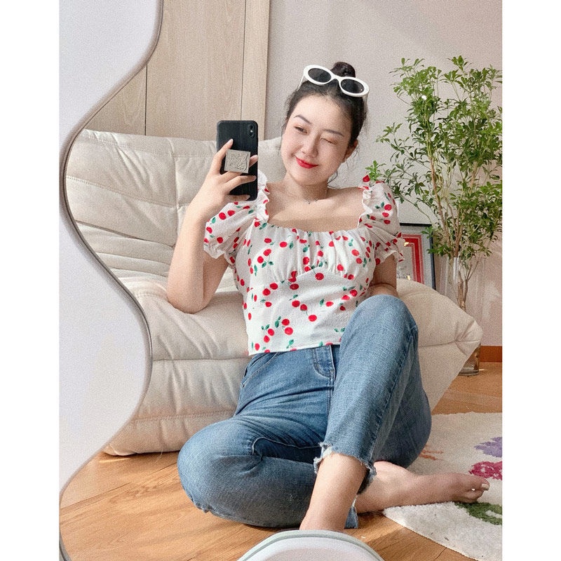 Red Sedikit gemuk MM murni keinginan angin engah lengan bunga one-shoulder top plus ukuran pakaian wanita penutup musim panas perut tipis tali kemeja kecil