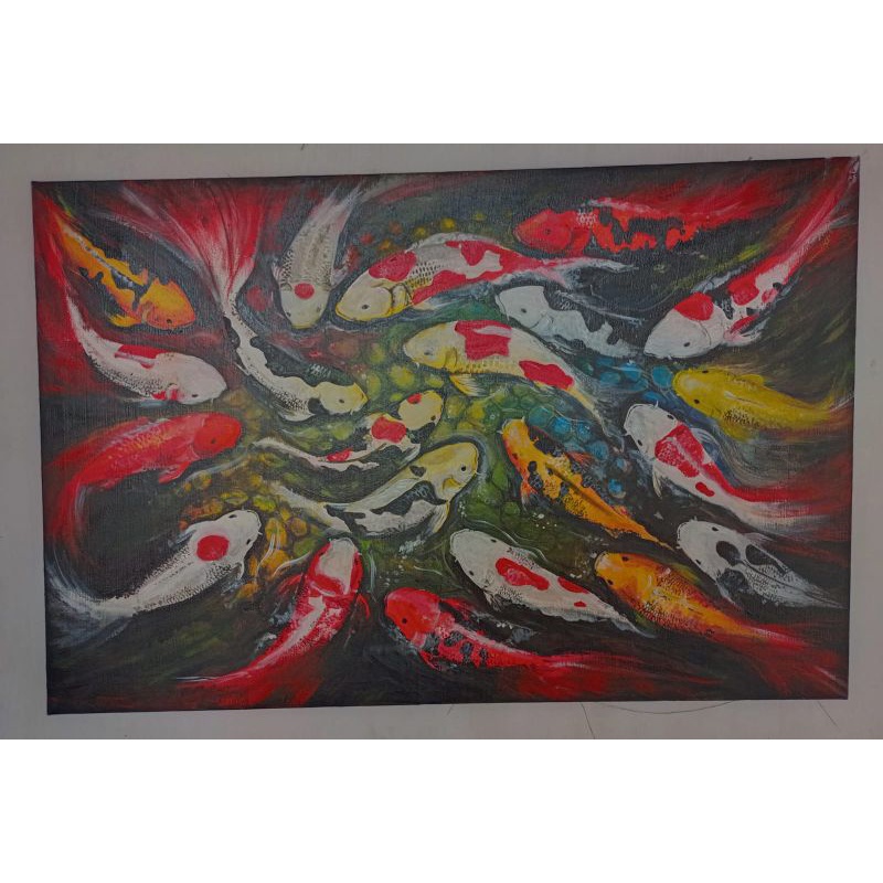 Lukisan ikan koi murah 95x50 besar asli lukis tangan