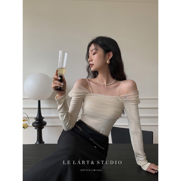 Red LELART Musim Semi Bahasa Perancis Keinginan Murni Splicing Mesh Atasan Satu Bahu Wanita Mesh Suspender Slim-Fit Off-Shoulder kemeja T-shirt