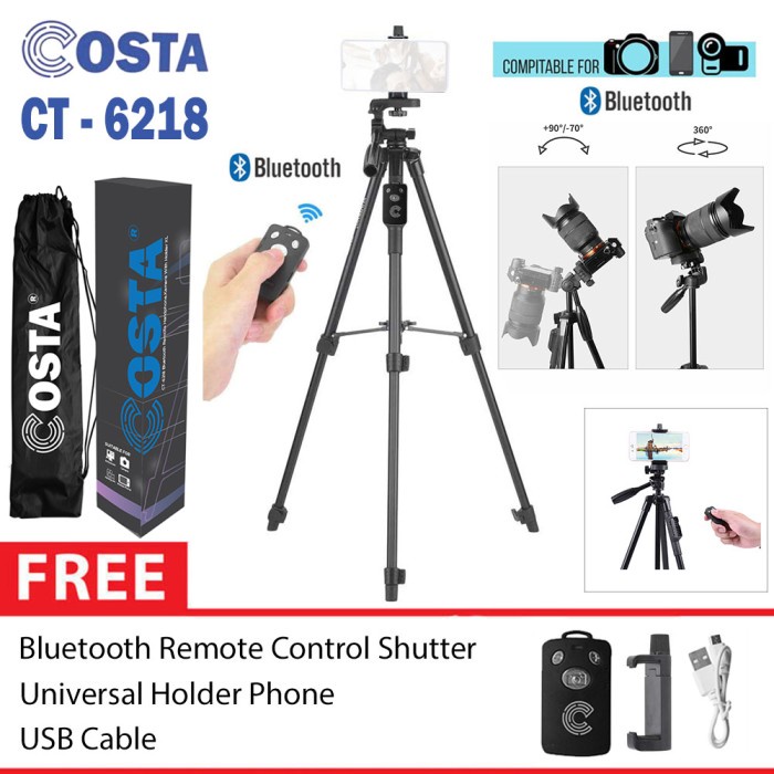 Terlaris Costa Ct-6218 Tripod Kamera Remote Bluetooth Wireless + Holder Hp