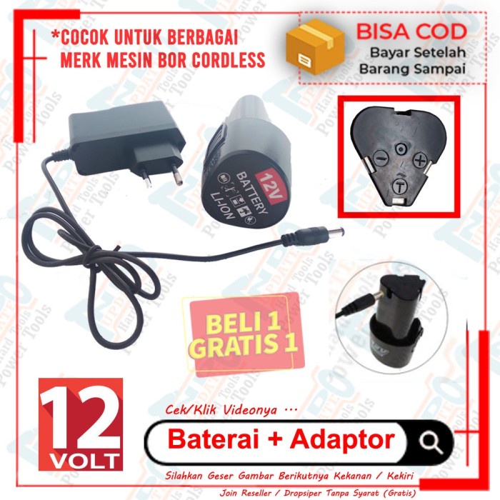 BATRE+CESAN BOR CORDLESS 12 VOLT MESIN BATERAI ADAPTOR KEPALA 12S J12S
