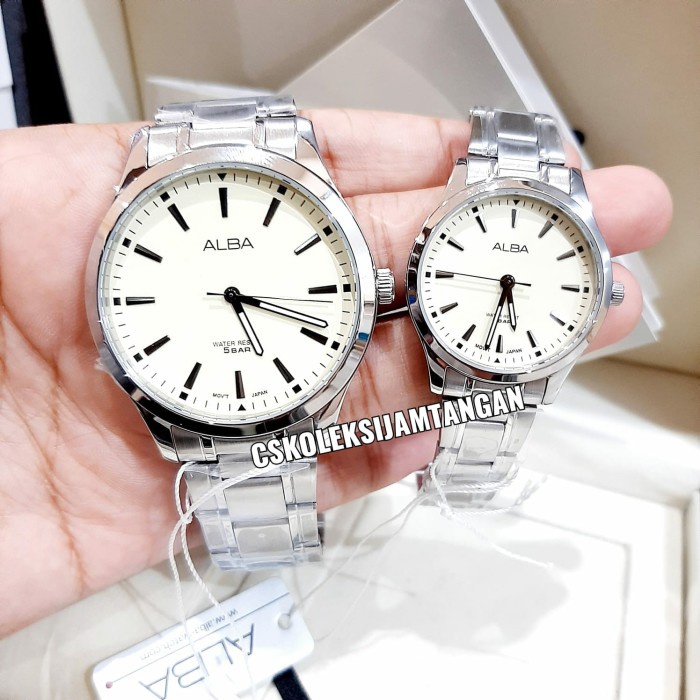 Terlaris Jam Tangan Couple Alba Arx021X1 & Arx039X1 Silver Cream Original Murah