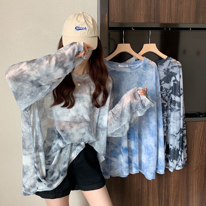 Red Musim Panas 2022 Baru Net Kasa Korea Tabir Surya Kemeja Hot Girl Top Desain Longgar Tie-Dye Lengan Panjang T-shirt tren Wanita