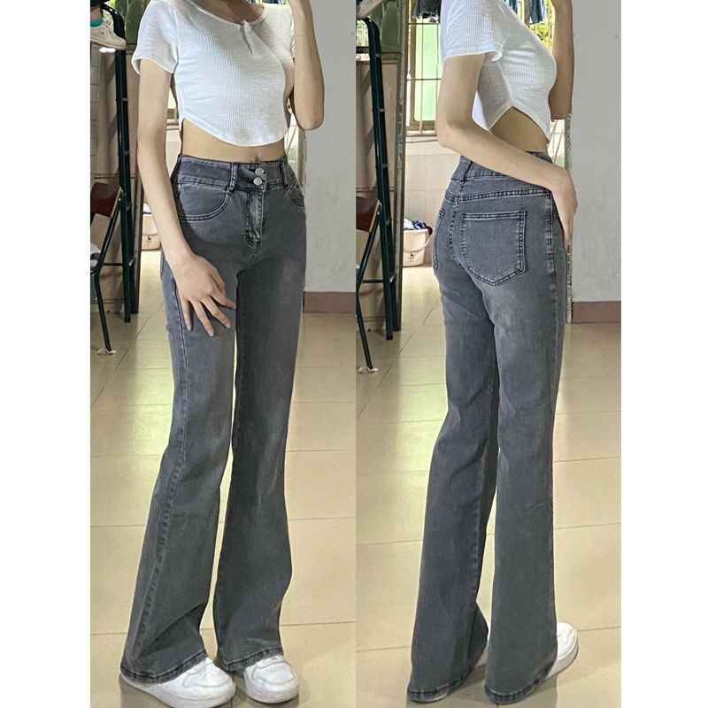 Red Smokey grey flared jeans wanita musim dingin American retro slim slim high waist straight pants high street tide ins