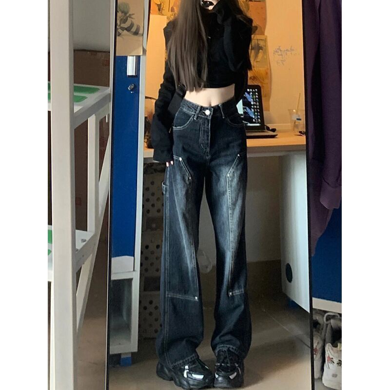 Red American retro jeans wanita musim semi dan musim panas high street in high waist loose straight slim flared pants sedikit flared wide leg pants