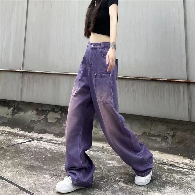 Red Tide brand American high street retro jeans ungu dicuci longgar trendy slim straight wide leg pants ukuran besar celana panjang