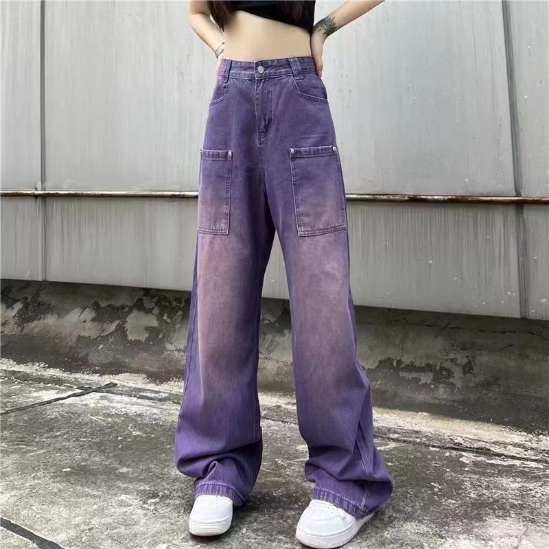 Red Tide brand American high street retro jeans ungu dicuci longgar trendy slim straight wide leg pants ukuran besar celana panjang